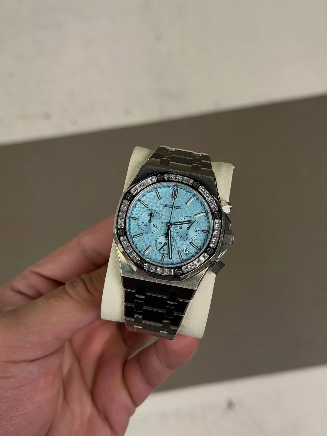 Octagonal Baby Blue Diamond Dial Seiko mod watch on wrist with luxury design