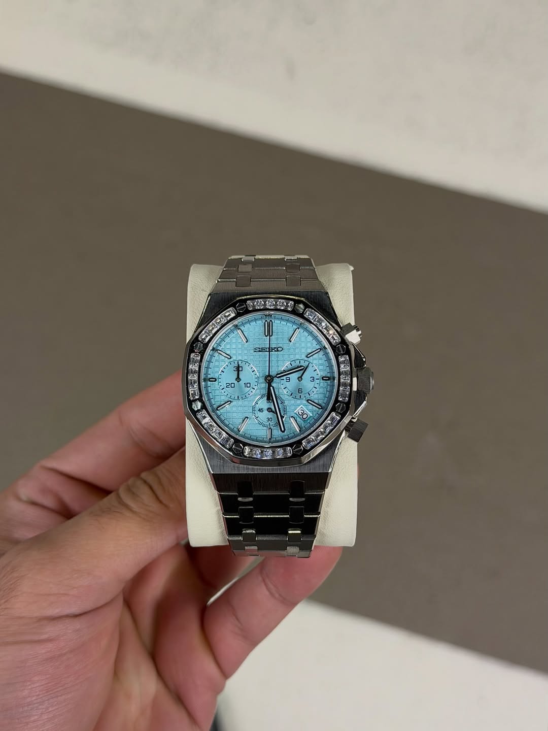 Octagonal Baby Blue Diamond Dial Seiko mod watch front view with detailed dial