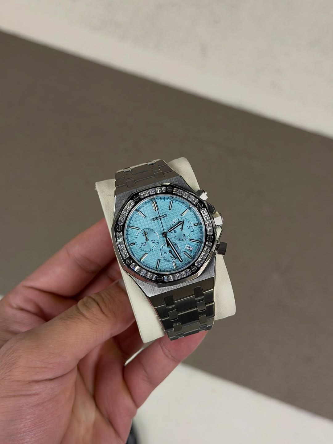 Octagonal Baby Blue Diamond Dial Seiko mod watch close-up with case and dial details